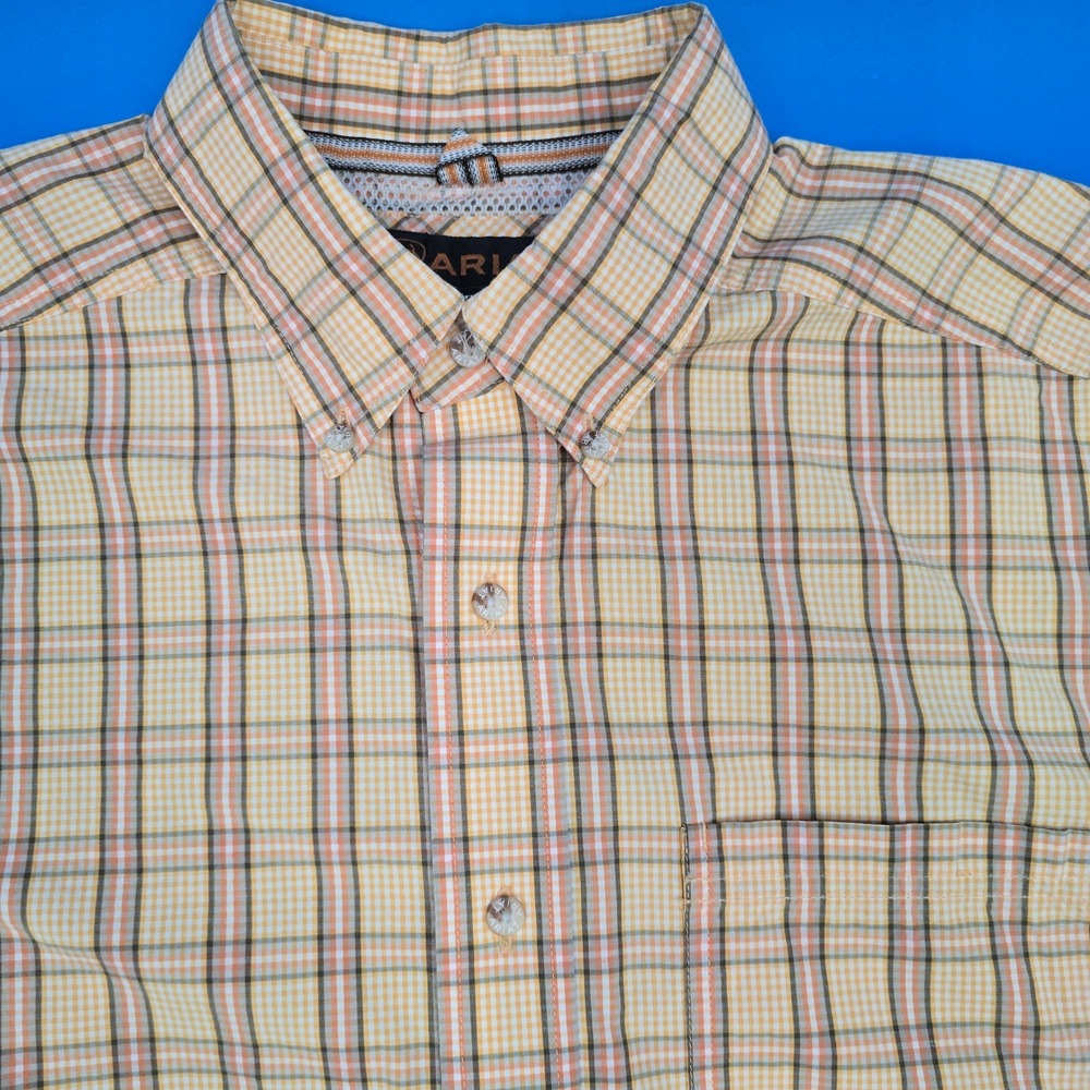 Ariat Pro Series Mens Large Short Sleeve Plaid Button Down Shirt Yellow 10009072